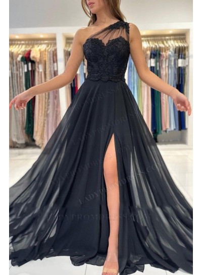 One Shoulder Black Chiffon 2024 Prom Dresses With Appliques 
