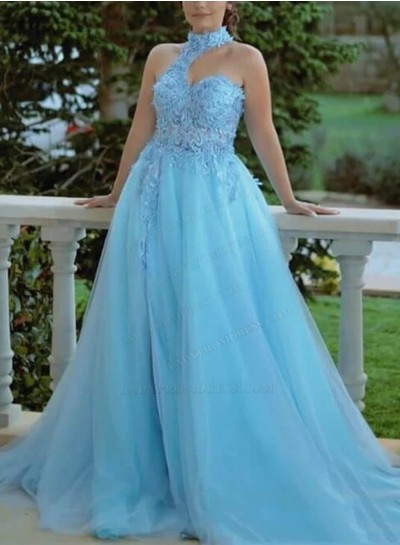 2024 Blue A Line High Neck Long Prom Dresses With Appliques