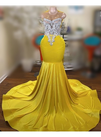 2024 Sheath Daffodil Silk Like Satin Long Beaded Prom Dresses