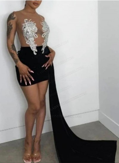 Black Sheath Mesh With Beaded Short Knee Length 2024 Prom Dresses