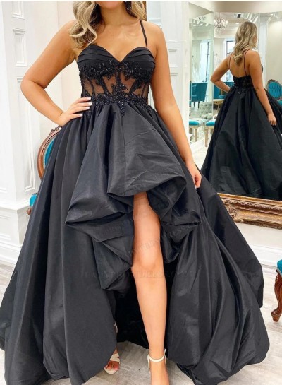 A Line Black Taffeta High Low Halter Spaghetti Straps Beaded 2024 Prom Dresses