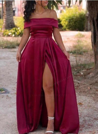 2024 A Line Silk Like Satin Burgundy Off Shoulder Long Side Slit Prom Dresses