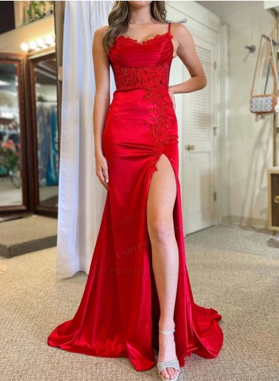 2024 Red Sheath Sweetheart Halter Side Slit Prom Dresses With Appliques