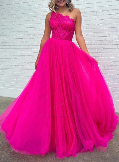 2024 A Line One Shoulder Lace With Tulle Long Fuchsia Prom Dresses