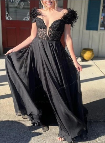 Black A Line Chiffon Off Shoulder Sweetheart Prom Dresses With Feather 2024
