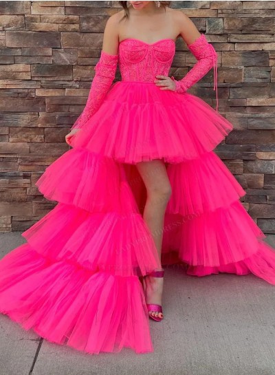 Fuchsia A Line Tulle Sweetheart Lace High Low 2024 Prom Dresses
