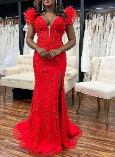 2024 Sheath Red Tulle With Appliques Sweetheart Side Slit Long Prom Dresses With Feathers