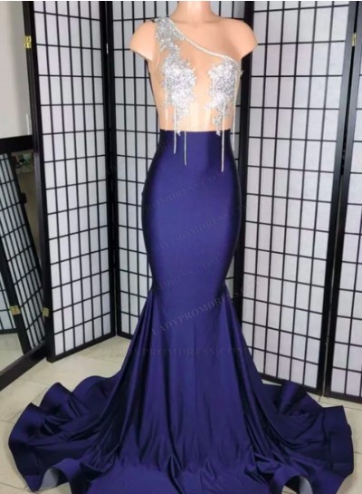 Navy Blue 2024 One Shoulder Mesh Beaded Long Prom Dresses
