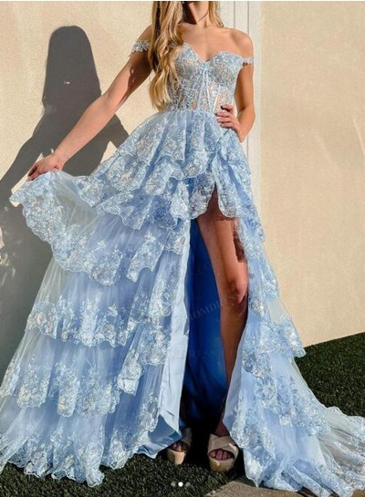 2024 A Line Light Sky Blue Lace Off Shoulder Sweetheart High Low Prom Dresses