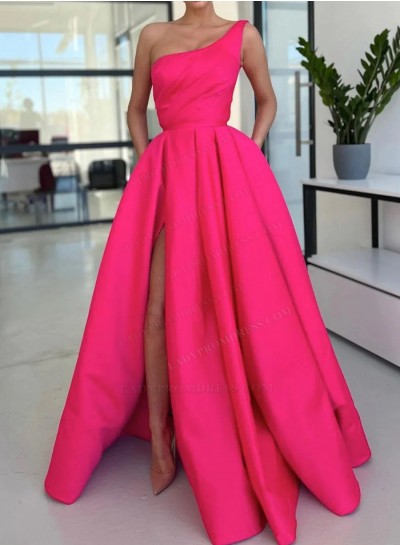 Satin Fuchsia One Shoulder Side Slit Long 2024 Prom Dresses