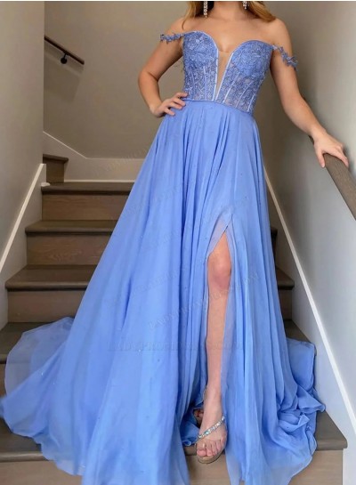 2024 A Line Chiffon Off Shoulder Sweetheart Side Slit Blue Prom Dresses With Appliques