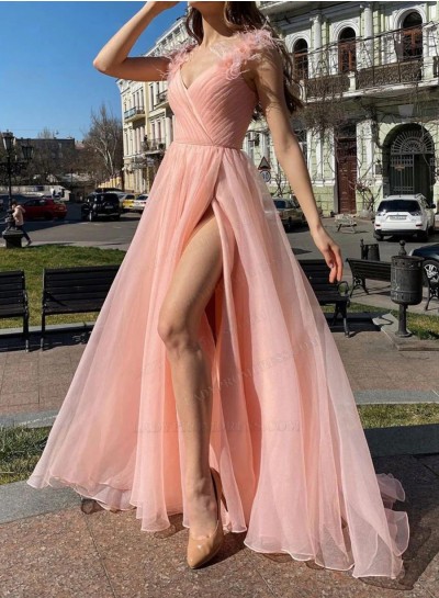 2024 A Line Orange Peach Floor Length Sweetheart Long Prom Dresses With Slit