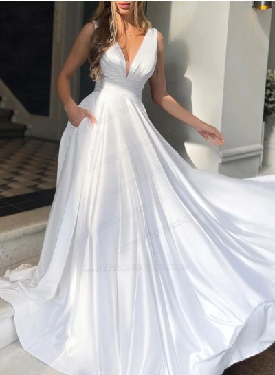 2024 A Line White Silk Like Satin V Neck Long Prom Dresses