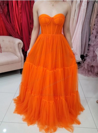 A Line Strapless 2024 Tulle Orange Sweetheart Long Prom Dresses