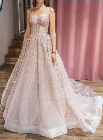 A Line Pearl Pink Sweetheart Tulle Prom Dresses With Straps