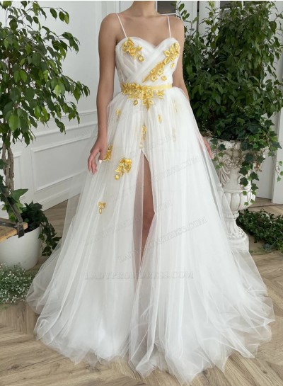 White A Line Sweetheart Tulle With Gold Appliques Side Slit Long 2024 Prom Dresses