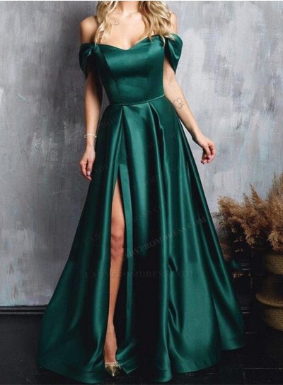 Satin A Line Off Shoulder Hunter Green Side Slit 2024 Prom Dresses
