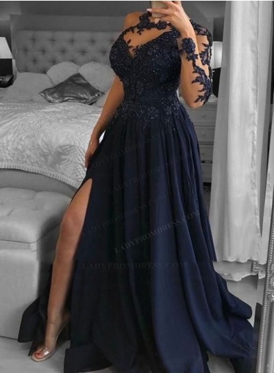 A Line Dark Navy Side Slit Satin Long Prom Dresses With Appliques 2024