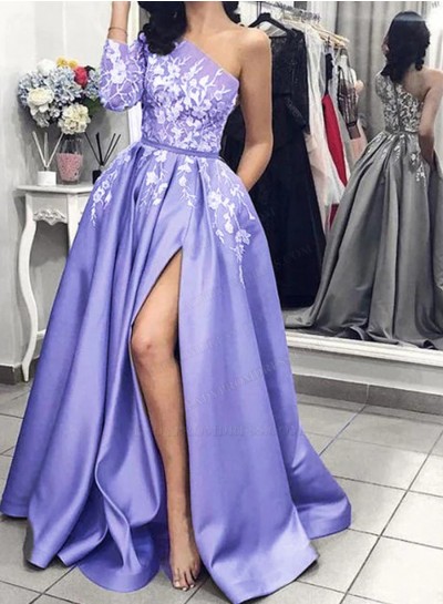 2024 A Line Satin Lavender One Shoulder Side Slit Long Prom Dresses With Appliques