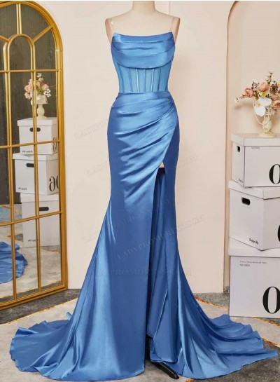 2024 Sheath Silk Like Satin Blue Pleated Long Prom Dresses