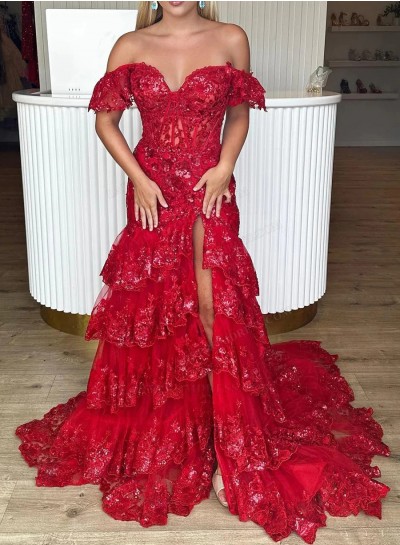 Red Sheath Sweetheart Lace Off Shoulder Side Slit Long Prom Dresses 2024