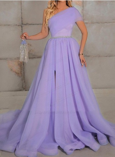 A Line Tulle Lilac One Shoulder Beaded Long Prom Dresses 2024