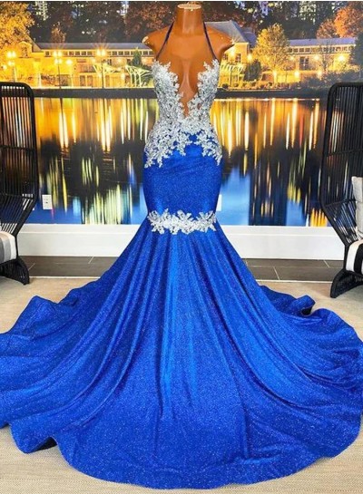 2024 Royal Blue Mermaid Sequence Halter Long Prom Dresses With Appliques