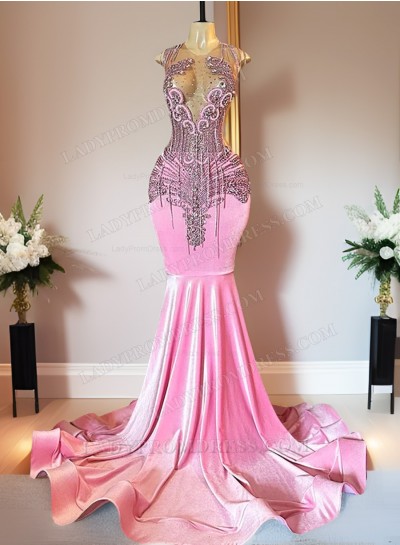 Pink 2024 Mermaid Velvet Long Prom Dresses