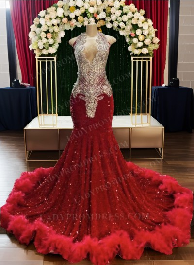 Red Sequence Long Prom Dresses With Feathers Prom Dresses 2024