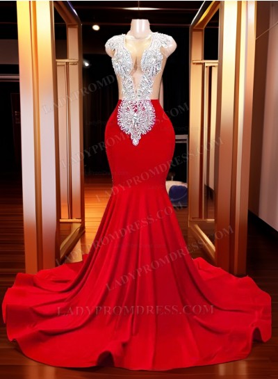 Red 2024 Long Beaded Stretchy Satin Prom Dresses