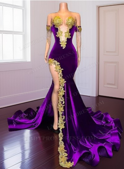 2024 Purple Sheath Side Slit Prom Dresses With Gold Appliques 