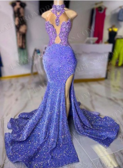 Sheath Lavender Sequence High Neck Long Side Slit Prom Dresses 2024