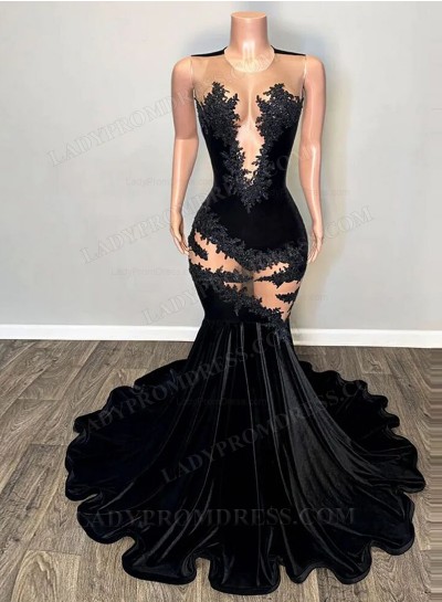 2024 Black Mermaid Bateau Velvet Long Prom Dresses With Appliques