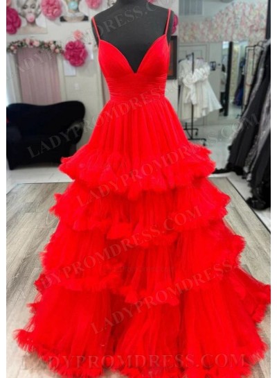 Red A Line Tiered Sweetheart Spaghetti Straps Long Prom Dresses 2024