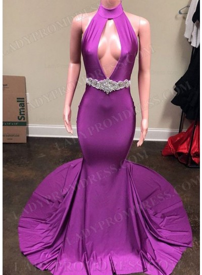 Purple High Neck Key Hole Silk Like Satin Long Backless 2024 Prom Dresses
