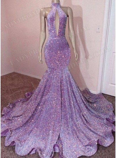High Neck Lilac Sequence Long Prom Dresses 2024 With Open Front