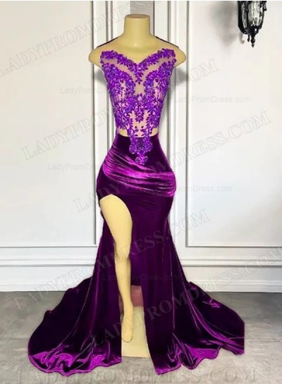 Sheath 2024 Velvet Side Slit Long Purple Prom Dresses With Appliques 
