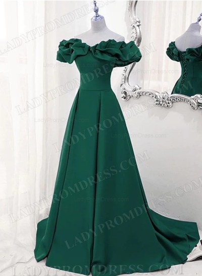 A Line Satin Hunter Green Off Shoulder Long Prom Dresses 2024