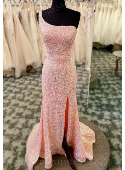 Pink One Shoulder Sheath Sequence Long 2024 Prom Dresses