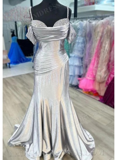 Silver Sheath Silk Like Satin Sweetheart Beaded Long 2024 Prom Dresses