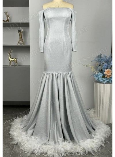 2024 Sheath Silver Long Sleeves Off Shoulder Prom Dresses With Feathers