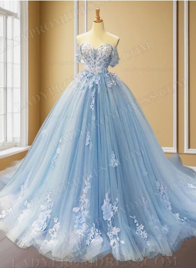 2024 Sweetheart Tulle Light Sky Blue Ball Gown Prom Dresses With Appliques 