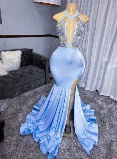Blue Mermaid Halter Front Side Slit Long Prom Dresses With Appliques 2024