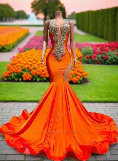 2024 Orange Mermaid Sparkly African Girl Long Prom Dresses with Beaded