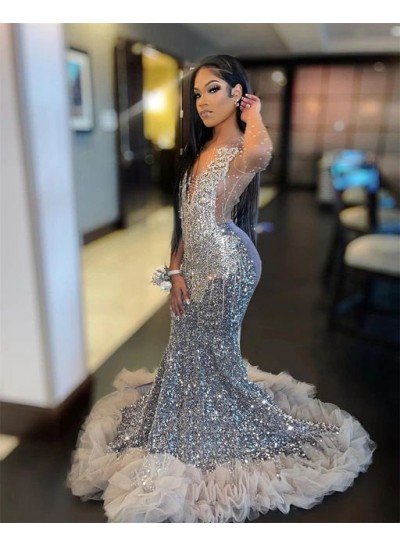 Silver Long Sleeves Mermaid Beading African American Long 2024 Prom Dresses