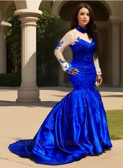 Royal Blue Long Sleeves Satin Long Train Plus Size Prom Dresses With Appliques