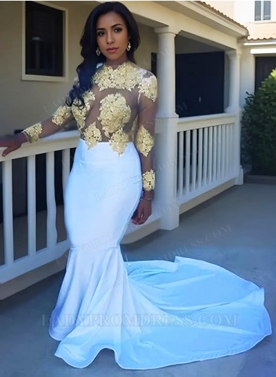 White Mermaid Long Sleeves Prom Dresses with Appliques