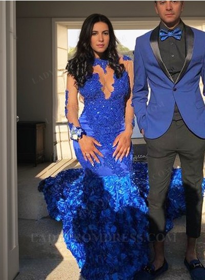 Royal Blue African Long Sleeves Long Mermaid Prom Dresses With Appliques
