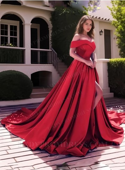 Red A Line Satin Side Slit Off Shoulder Long Prom Dresses