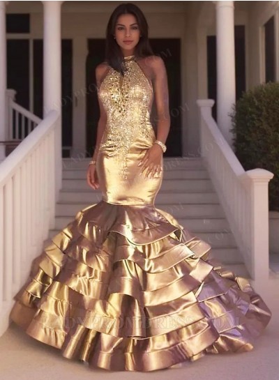 2025 Gold Mermaid Tiered Backless African American Long Prom Dresses